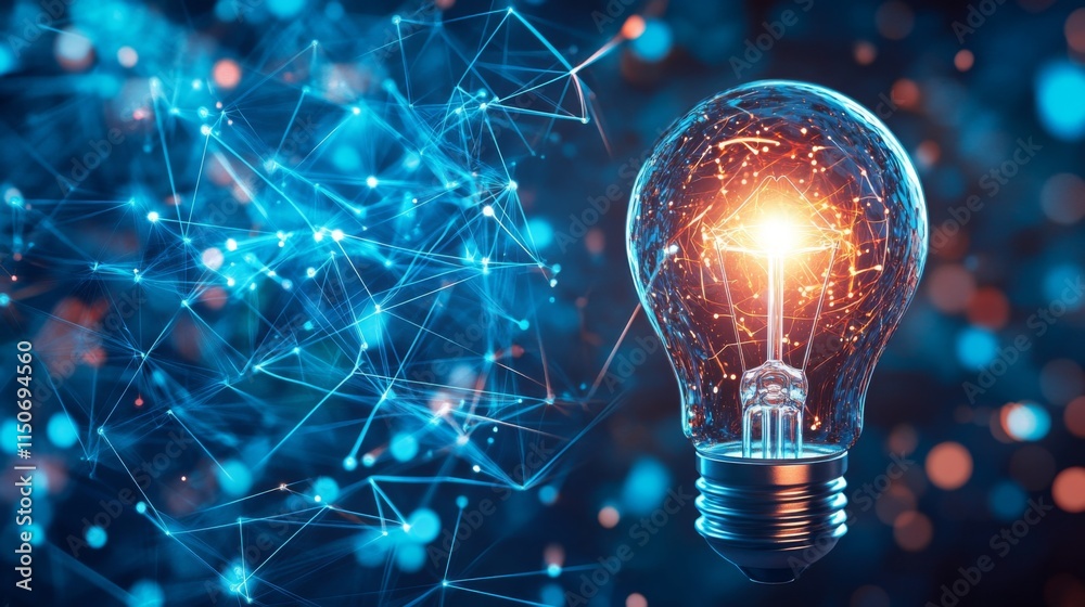 Aufkleber bright light bulb with sparkling connections and network background