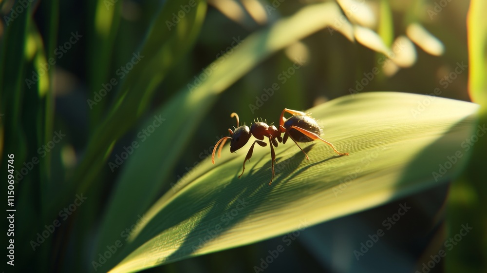 Poster close-up of an ant crawling on a leaf in a natural environment