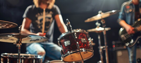 Naklejka premium Collaborative music band recording session harmonizing and fine tuning instruments in studio