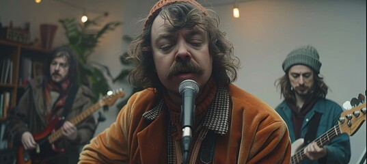 Collaborative band recording session in music studio  harmonizing and instrument adjustment