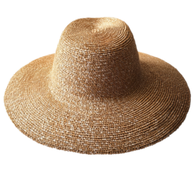 A stylish beach hat with a wide brim and natural straw texture, isolated on transparent background