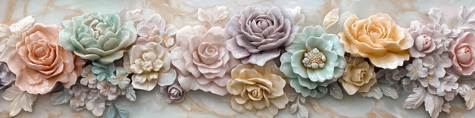 A multicolored marble flower arrangement with pastel shades and intricate carvings