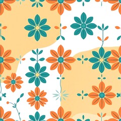 Fototapeta premium Floral Delight: A vibrant seamless pattern featuring colorful flowers and leaves on a soft yellow and white background. Perfect for spring-themed projects, textiles, and more. 