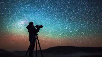 Fototapeta premium A silhouetted photographer captures a stunning starry night sky filled with vibrant colors and countless stars.