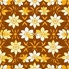 Golden Floral Symphony:  A captivating seamless pattern of stylized flowers in shades of gold and white on a rich brown background. Perfect for textile design, wallpaper, and surface decoration. 