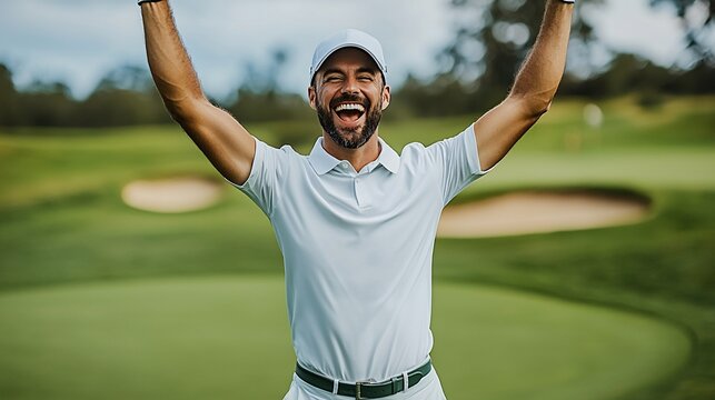 Joyful golfer celebrating victory on course.