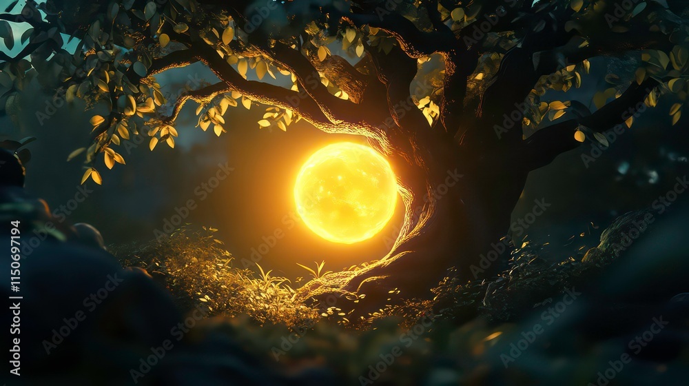 Poster a large, glowing moon shines behind a tree at night, illuminating the surrounding foliage.