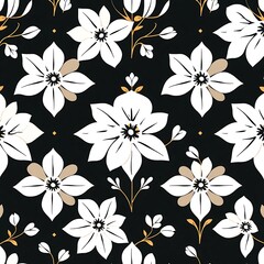 Fototapeta premium Floral Night Bloom: Delicate white blossoms dance against a rich black backdrop, creating a captivating pattern that embodies elegance and tranquility.