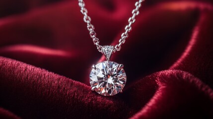 Elegant Silver Necklace with Round Diamond Pendant on Red Fabric