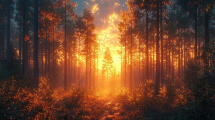 A serene forest scene illuminated by a vibrant sunset, showcasing nature's beauty.