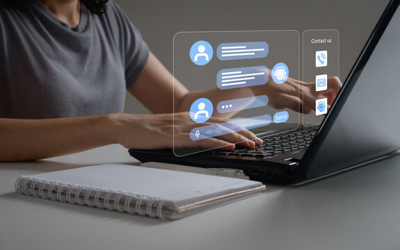 Contact us, Chatbot conversation assistant. Businesswoman using online client service with chatbot to get support. Artificial intelligence, CRM software technology, technical customer support center.