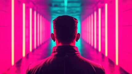 A person stands in a corridor illuminated by vibrant neon lights, creating a futuristic and immersive atmosphere.