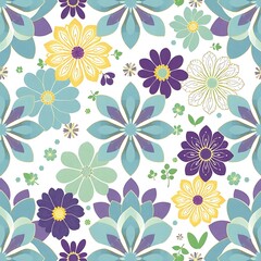 Fototapeta premium Floral Paradise: A vibrant and cheerful seamless pattern featuring a whimsical array of colorful flowers in shades of purple, yellow, and blue, set against a clean white background.