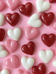 Obraz premium Close-up of scattered glittery valentine's day candy hearts in pink, red, and white on solid color background for Valentine's Day.
