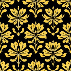 Fototapeta premium Gold Damask Pattern: A luxurious seamless vector pattern with golden floral motifs on a black background, perfect for elegant design projects. 