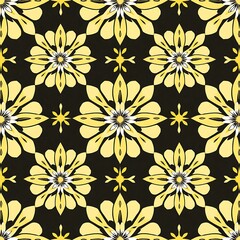 Fototapeta premium Golden Floral Tile Pattern: A vibrant and intricate pattern featuring delicate yellow flowers on a rich black background.