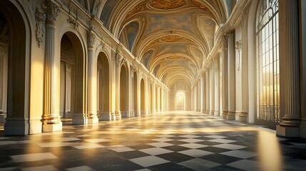 Stunning Classical Hallway Golden Light Marble Floor Ornate Columns Architecture Image