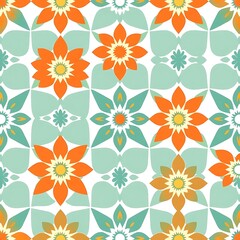 Bohemian Floral Tile Pattern: A vibrant and cheerful seamless pattern featuring intricate stylized flowers in shades of orange, yellow, and green, perfect for textile designs, wallpaper.