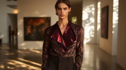Obraz premium Man showcases mocha mousse blouse with red accents in modern art gallery