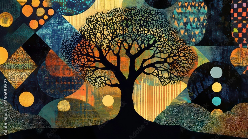 Poster silhouette of a large tree against a colorful abstract background.