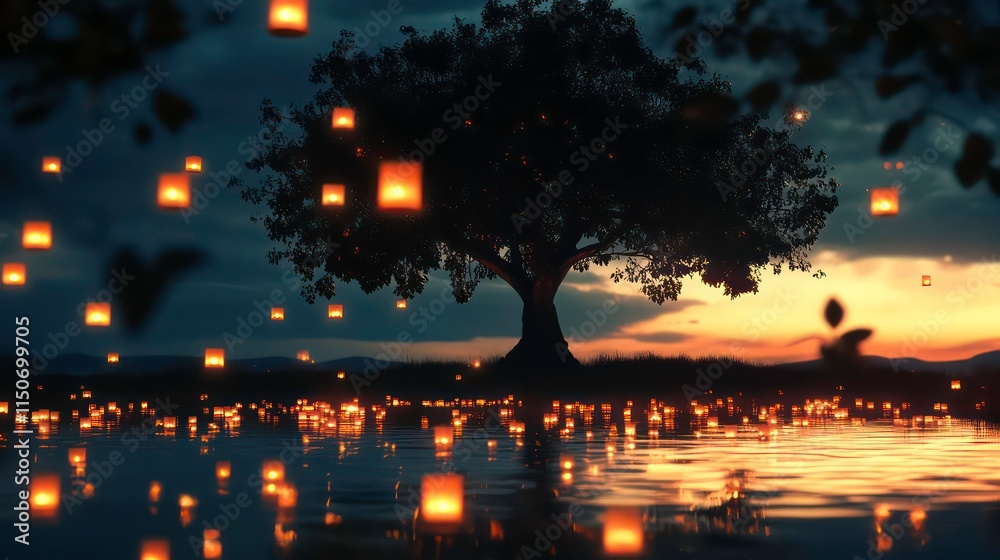 Poster Magical sunset scene with a large tree and floating lanterns over tranquil water.