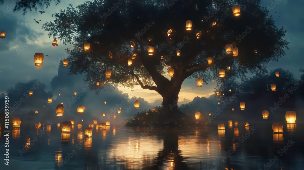 Poster magical tree with glowing lanterns floating over tranquil water at dusk.