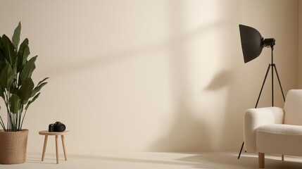 A minimalist interior featuring a potted plant, a camera, a tripod lamp, and a light-colored sofa against a plain wall.