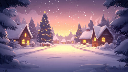 Naklejka premium Cartoon winter scene with houses and christmas trees for text