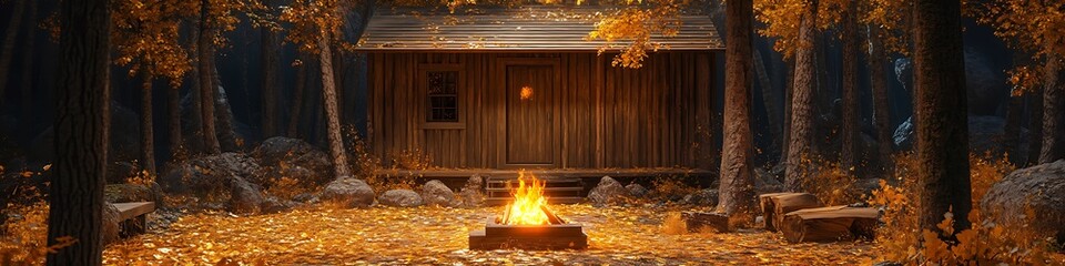 A peaceful autumn forest cabin with wood panels, golden leaves, and a glowing fire pit