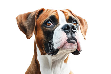 Adoring Boxer Dog Gazes Upward, Showing Loyalty and Playfulness, a Majestic Canine Portrait, Exploring Canine Beauty and Temperament.