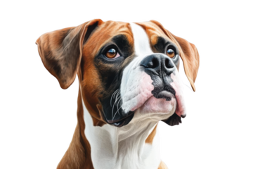 Adoring Boxer Dog Gazes Upward, Showing Loyalty and Playfulness, a Majestic Canine Portrait, Exploring Canine Beauty and Temperament.