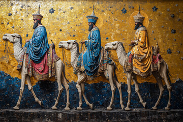 Naklejka premium Traditional scene of the Three Wise Men in a mosaic on a wall, camels, colorful clothes, golden tones.