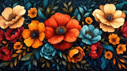 Fototapeta premium Vibrant Floral Composition with Colorful Flowers and Lush Leaves