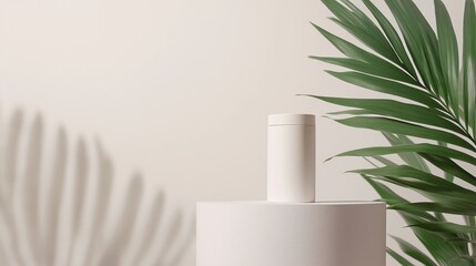 Minimalist white product display with palm leaf shadow for modern design projects