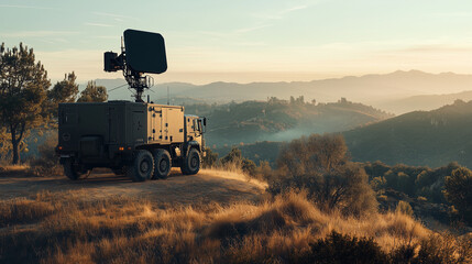 A military radar truck stationed on a scenic hilltop, equipped with advanced technology, with a golden sunset and rolling hills in the background.