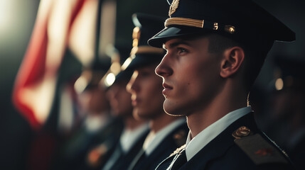 A row of cadets in formal military uniforms standing at attention during a solemn ceremony, emphasizing discipline, respect, and dedication to service.

