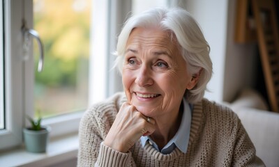 Fototapeta premium Portrait of a Smiling Senior Woman by the Window