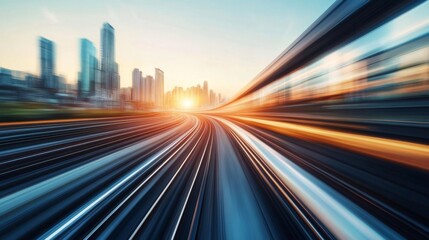 Obraz premium Dynamic Urban Train Journey at Sunset with Blurred Cityscape View