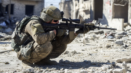 Fototapeta premium A sniper in full gear stationed on a rooftop, aiming a rifle while overlooking a devastated urban landscape, exemplifying strategic positioning.