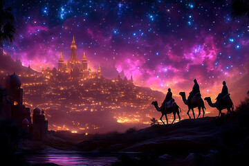 Naklejka premium The three Wise Men go to deliver gifts to a big city, riding on camels, a bright star guiding their way, cinematic lighting.