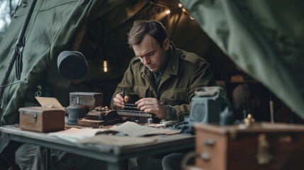 A World War II communications officer in a green uniform working at a table in a field tent, focusing on Morse code equipment. A glimpse into wartime operations.