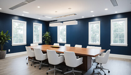 Large conference room with a sleek grey, black, and white interior design. Spacious table surrounded by chairs, set against the backdrop of minimalist decor.