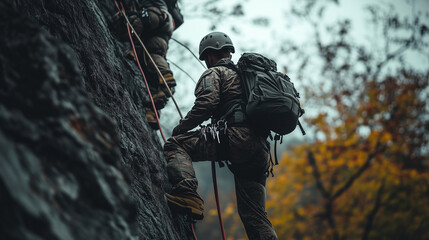 Soldiers rappelling down a rugged cliff during a training exercise, showcasing teamwork and resilience against a backdrop of autumn foliage.

