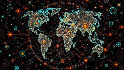 Futuristic Glowing World Map - Cybernetic Art Nouveau