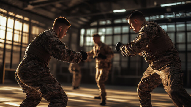 Soldiers practicing hand-to-hand combat techniques inside a training facility, captured in dynamic motion under dramatic sunlight streaming through large windows.