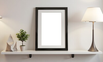Modern Minimalist Home Decor: Blank Frame, Plant, Lamp, and Sculpture on Shelf