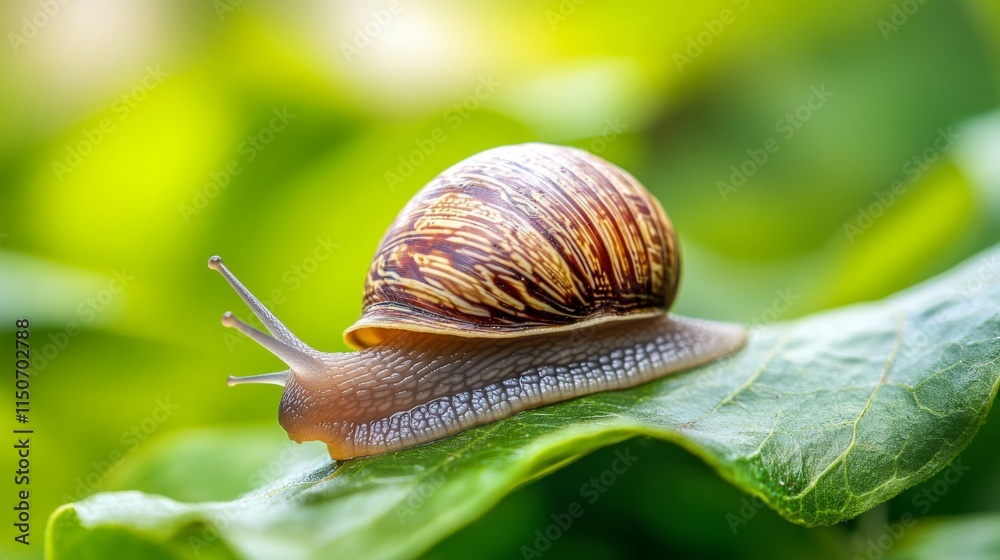 Poster close-up of a snail on a green leaf with blurred background
