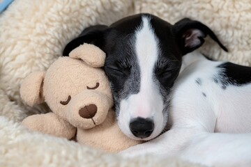 A black and white dog is sleeping with a teddy bear. The dog is small and fluffy, and the teddy bear is brown. The scene is cozy and comforting, with the dog