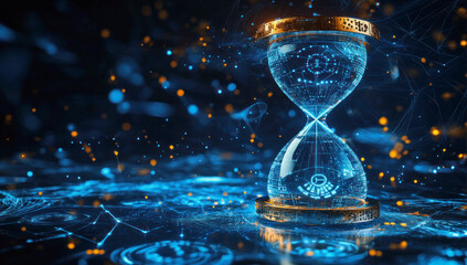 Abstract hourglass design with neon blue background and glowing elements. Generative AI