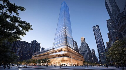 Modern Skyscraper Amidst Cityscape at Dusk